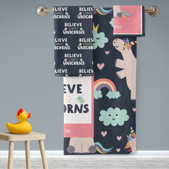 Believe in Unicorns Blue and Pink Girl Pattern Kid Bath Towel Set (Creator Uploaded)