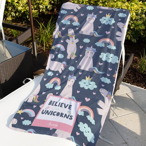 Believe in Unicorns Blue and Pink Girl Pattern Kid Beach Towel
