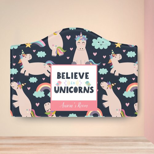 Believe in Unicorns Blue and Pink Girl Pattern Kid Door Sign