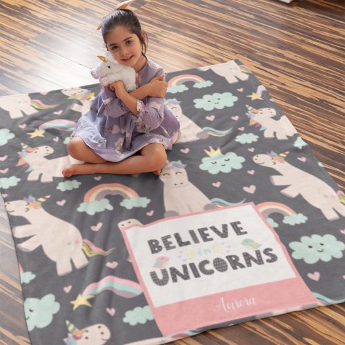 Believe in Unicorns Blue and Pink Girl Pattern Kid Fleece Blanket