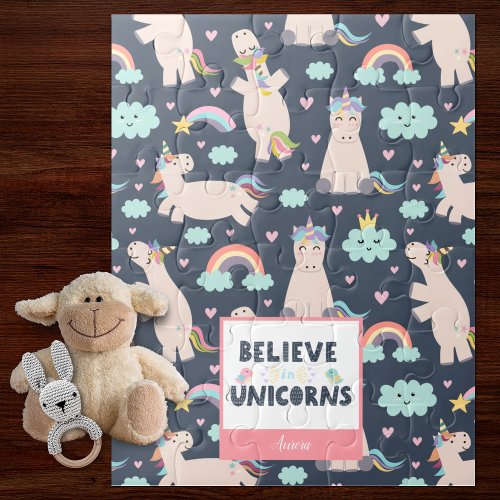 Believe in Unicorns Blue and Pink Girl Pattern Kid Jigsaw Puzzle