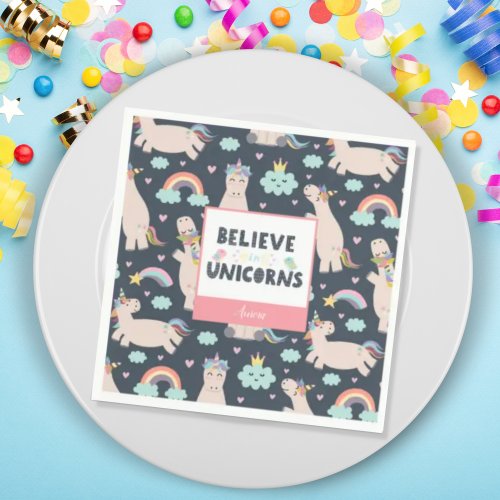Believe in Unicorns Blue and Pink Girl Pattern Kid Napkins
