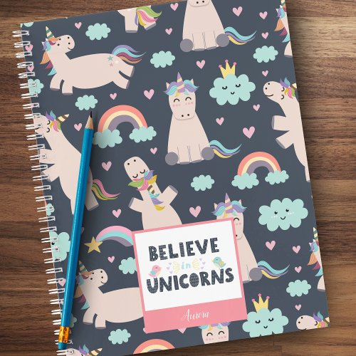 Believe in Unicorns Blue and Pink Girl Pattern Kid Notebook