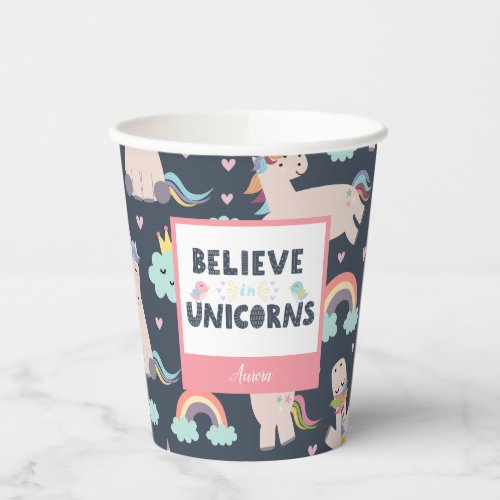 Believe in Unicorns Blue and Pink Girl Pattern Kid Paper Cups