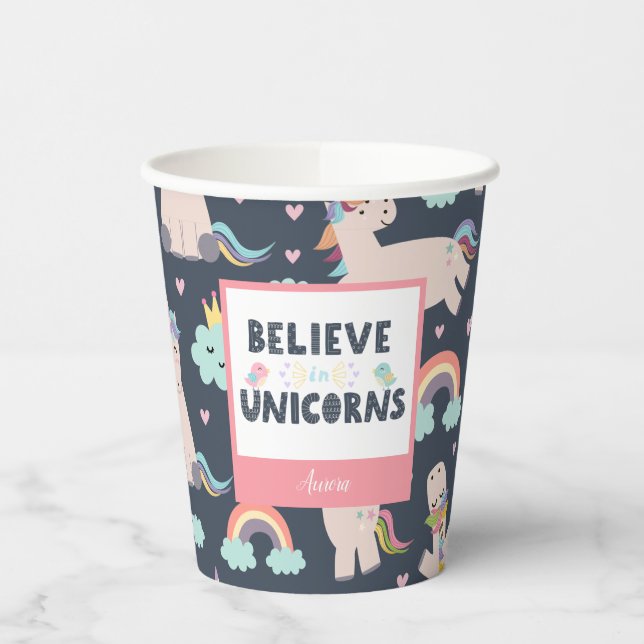 Believe in Unicorns Blue and Pink Girl Pattern Kid Paper Cups (Left)