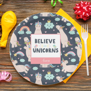 Believe in Unicorns Blue and Pink Girl Pattern Kid Paper Plates