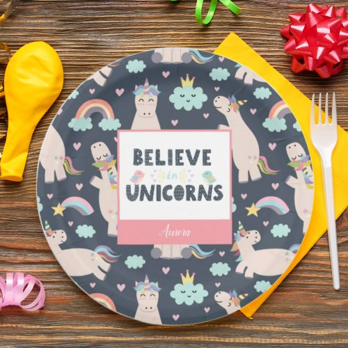 Believe in Unicorns Blue and Pink Girl Pattern Kid Paper Plates