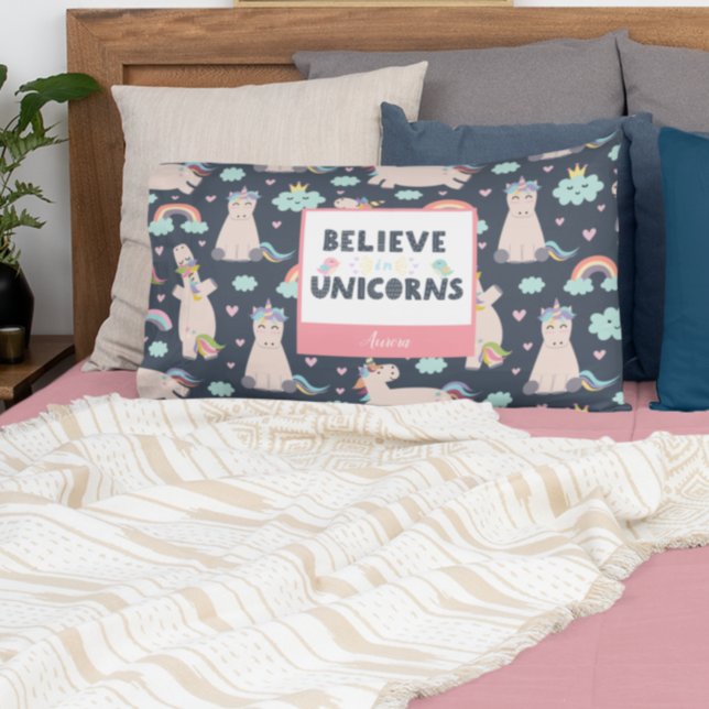 Believe in Unicorns Blue and Pink Girl Pattern Kid Pillow Case (Creator Uploaded)