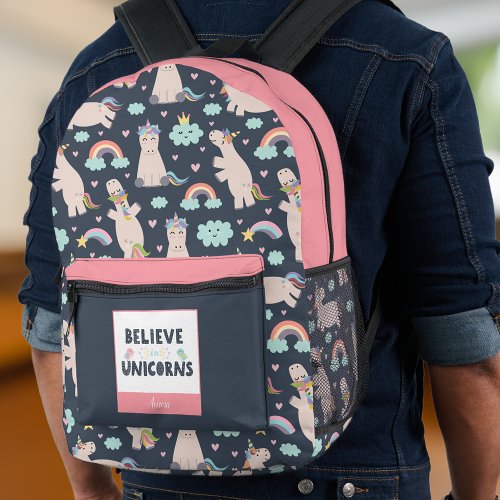 Believe in Unicorns Blue and Pink Girl Pattern Kid Printed Backpack