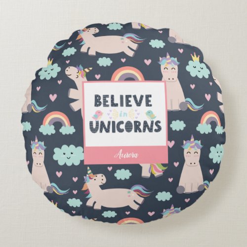 Believe in Unicorns Blue and Pink Girl Pattern Kid Round Pillow