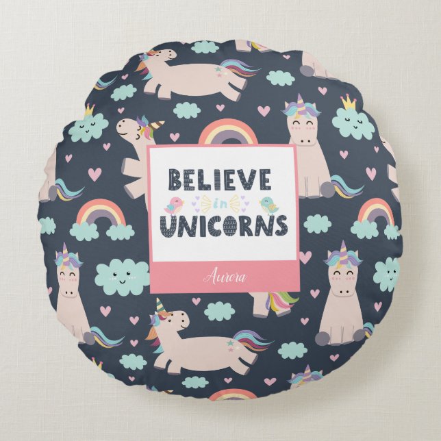 Believe in Unicorns Blue and Pink Girl Pattern Kid Round Pillow (Front)