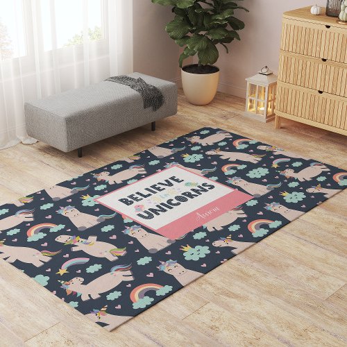 Believe in Unicorns Blue and Pink Girl Pattern Kid Rug
