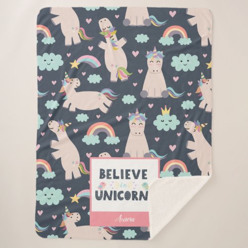 Believe in Unicorns Blue and Pink Girl Pattern Kid Sherpa Blanket