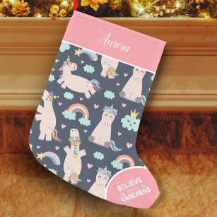 Believe in Unicorns Blue and Pink Girl Pattern Kid Small Christmas Stocking