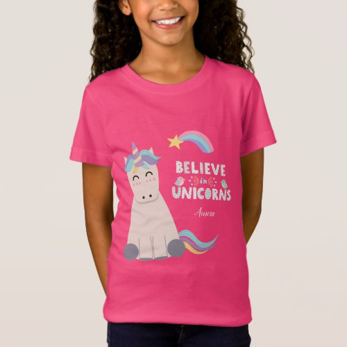 Believe in Unicorns Blue and Pink Girl Pattern Kid T_Shirt