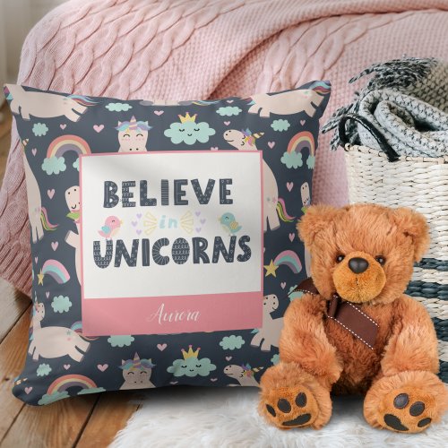 Believe in Unicorns Blue and Pink Girl Pattern Kid Throw Pillow