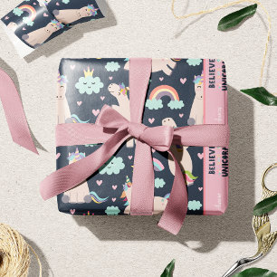 Believe in Unicorns Blue and Pink Girl Pattern Kid Wrapping Paper