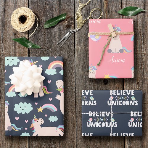 Believe in Unicorns Blue and Pink Girl Pattern Kid Wrapping Paper Sheets
