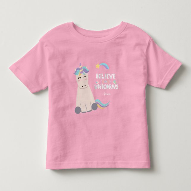 Believe in Unicorns Magical Pink Monogrammed Girl Toddler T-shirt (Front)