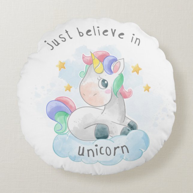 Believe in Unicorns Round Pillow (Front)
