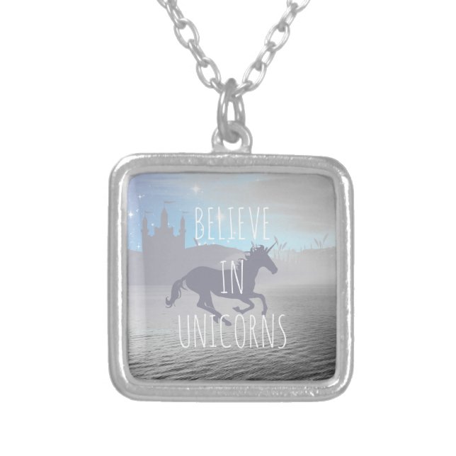 Believe in Unicorns Whimsical Art Silver Plated Necklace (Front)