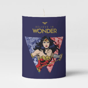 "Believe In Wonder" Wonder Woman Lasso Comic Logo Pillar Candle