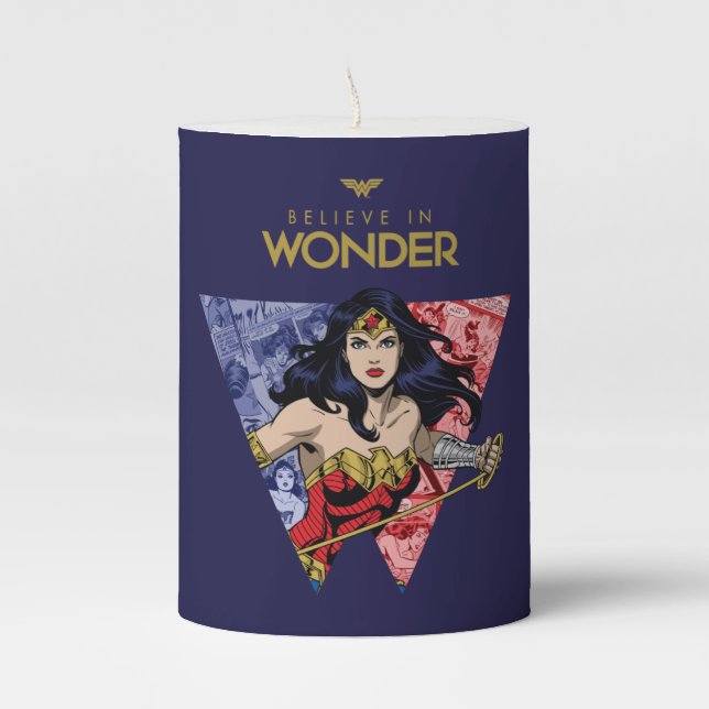 "Believe In Wonder" Wonder Woman Lasso Comic Logo Pillar Candle (Front)