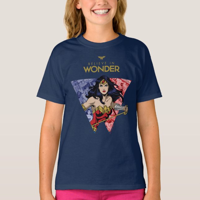 "Believe In Wonder" Wonder Woman Lasso Comic Logo T-Shirt (Front)