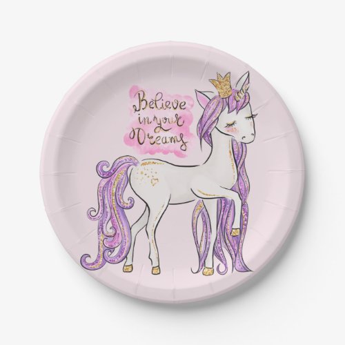 Believe in Your Dreams Unicorn Girls Birthday 7 Paper Plates