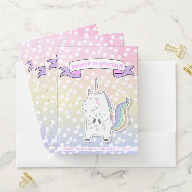 Believe in yourself! Cute Unicorn Kids Pocket Folder (In Situ)