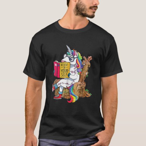 Believe In Yourself Nerd Unicorn Reading Book T_Shirt