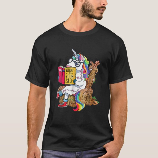 Believe In Yourself Nerd Unicorn Reading Book T-Shirt (Front)