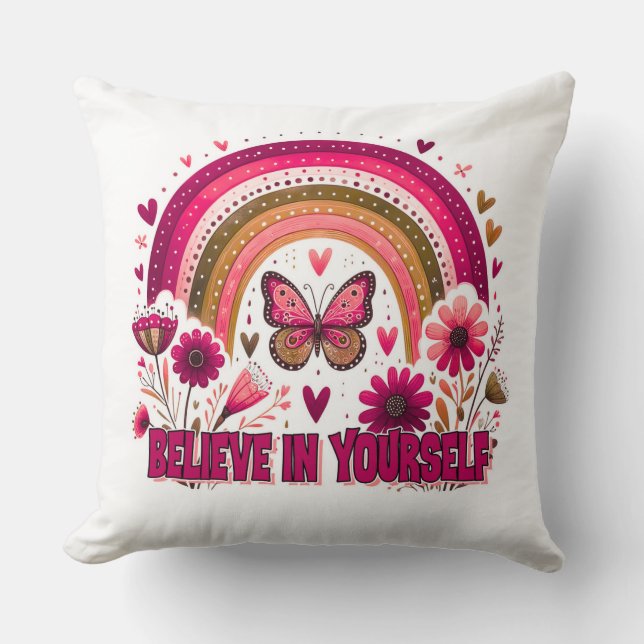Believe in Yourself Rainbow Butterfly Flowers Boho Throw Pillow (Front)