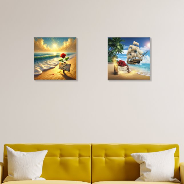 Believe in Yourself: Romantic Beach Oil Painting Acrylic Photo Tile (Living Room)