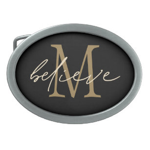 Believe Inspirational Black Gold Monogram Initial Belt Buckle