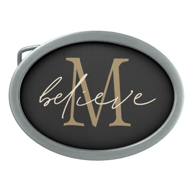 Believe Inspirational Black Gold Monogram Initial Belt Buckle (Front)