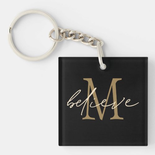 Believe Inspirational Gold Black Monogram Initial Keychain