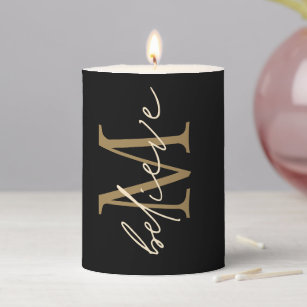 Believe Inspirational Gold Initial Monogram Black Pillar Candle