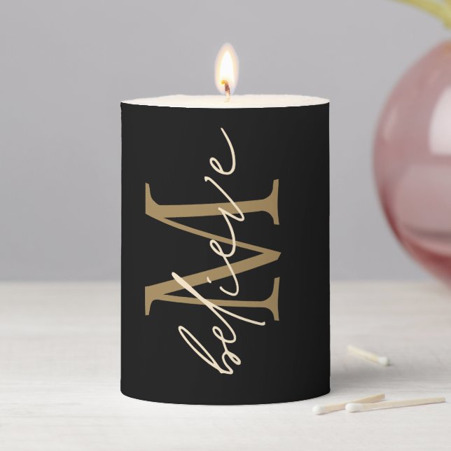 Believe Inspirational Gold Initial Monogram Black Pillar Candle (In Situ)