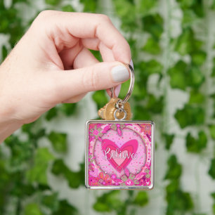 Believe Inspirational Heart Floral Pretty Pink Keychain
