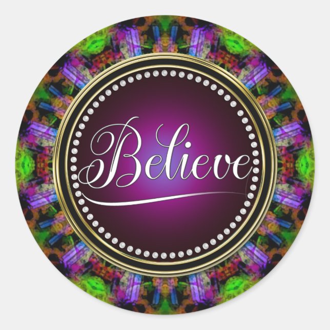 Believe : Inspire : Green Purple Mandala Circle Classic Round Sticker (Front)
