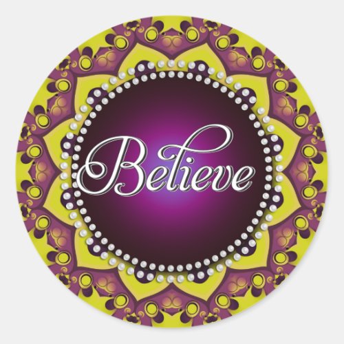 Believe  Inspire  Purple Yellow Mandala Circle Classic Round Sticker