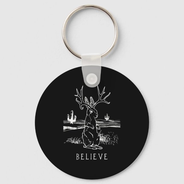 Believe Jackalope Cryptid Rabbit Bunny Apparel Keychain (Front)