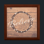 Believe Jewelry Box<br><div class="desc">Believe text design for Christmas with wreath and snow decoration on rustic wooden background</div>