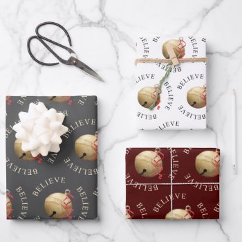 Believe Jingle Bell Grey White Red  Coordinated  Wrapping Paper Sheets by HolidayCreations at Zazzle