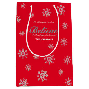 Believe Magic of Christmas Silver Glitter Red Medium Gift Bag