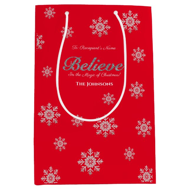 Believe Magic of Christmas Silver Glitter Red Medium Gift Bag (Front)