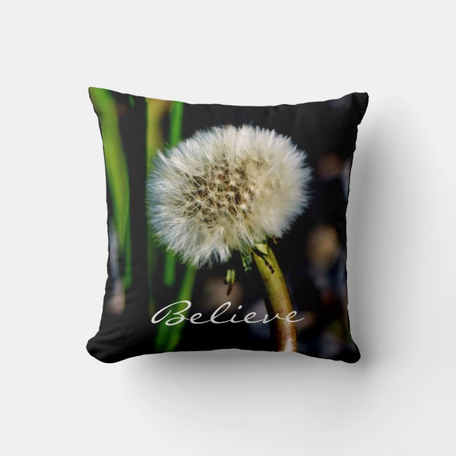Believe, Make a Wish Dandelion Floral Decor Square Throw Pillow (Front)