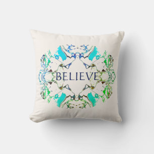 "Believe" Mandala in Shades of Blue Green on Beige Throw Pillow
