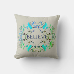 "Believe" Mandala in Shades of Blue, Green on Gray Throw Pillow